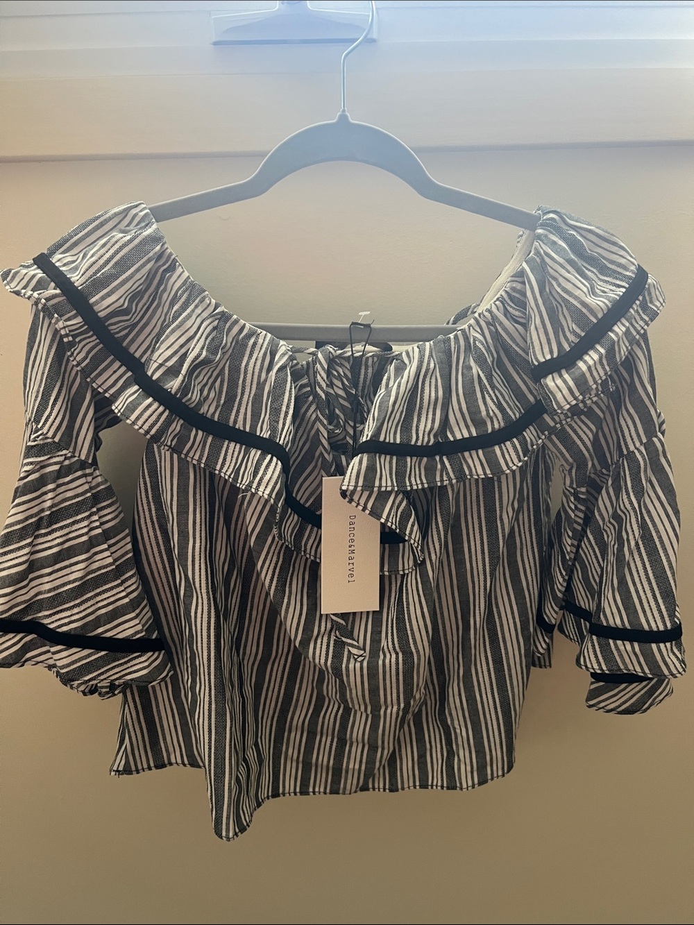 Dance & Marvel Black and White Striped Ruffle Off-Shoulder Top